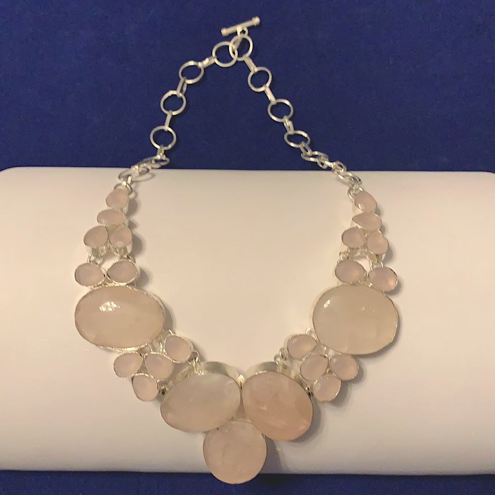 925 Sterling Silver Rose Quartz Chalcedony Toggle Clasp Big Necklace 18”
